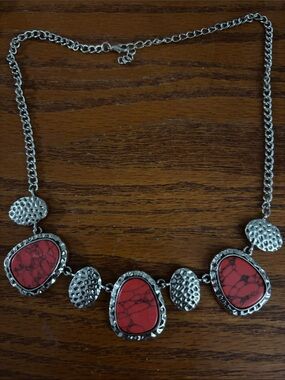 Silver-Tone Red Stone Statement Necklace